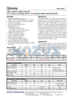 TRSL-3150AWG datasheet - 3.3V / 1310 nm / 155 Mbps SFF LC 2X10 SINGLE-MODE TRANSCEIVER