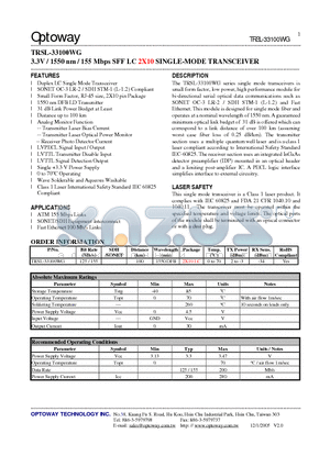 TRSL-33100WG datasheet - 3.3V / 1550 nm / 155 Mbps SFF LC 2X10 SINGLE-MODE TRANSCEIVER