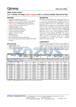 TRSL-33120-CXX0G datasheet - 3.3V / CWDM / 155 Mbps RoHS Compliant SFF LC SINGLE-MODE TRANSCEIVER