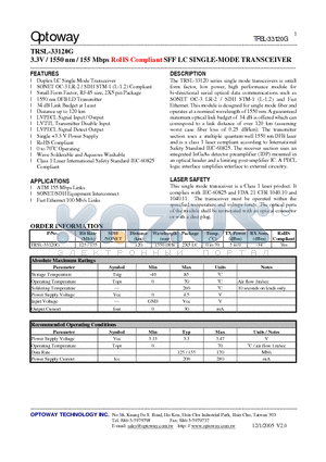 TRSL-33120G datasheet - 3.3V / 1550 nm / 155 Mbps RoHS Compliant SFF LC SINGLE-MODE TRANSCEIVER