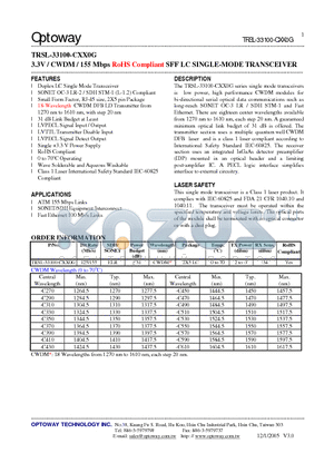 TRSL-33100-CXX0G datasheet - 3.3V / CWDM / 155 Mbps RoHS Compliant SFF LC SINGLE-MODE TRANSCEIVER