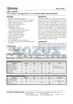 TRSL-33120WG datasheet - 3.3V / 1550 nm / 155 Mbps SFF LC 2X10 SINGLE-MODE TRANSCEIVER