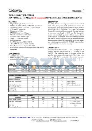 TRSL-3320AG datasheet - 3.3V / 1550 nm / 155 Mbps RoHS Compliant SFF LC SINGLE-MODE TRANSCEIVER