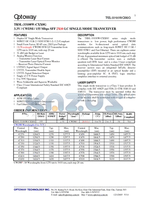 TRSL-33100W-CXX0G datasheet - 3.3V / CWDM / 155 Mbps SFF 2X10 LC SINGLE-MODE TRANSCEIVER