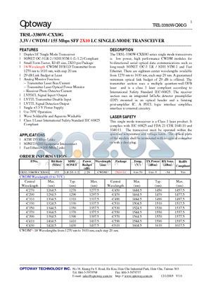 TRSL-3380W-CXX0G datasheet - 3.3V / CWDM / 155 Mbps SFF 2X10 LC SINGLE-MODE TRANSCEIVER