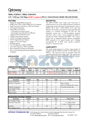 TRSL-5120AWG datasheet - 3.3V / 1310 nm / 622 Mbps RoHS Compliant SFF LC 2X10 SINGLE-MODE TRANSCEIVER