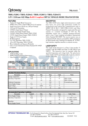 TRSL-5120G datasheet - 3.3V / 1310 nm / 622 Mbps RoHS Compliant SFF LC SINGLE-MODE TRANSCEIVER