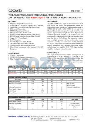 TRSL-5140AG datasheet - 3.3V / 1310 nm / 622 Mbps RoHS Compliant SFF LC SINGLE-MODE TRANSCEIVER