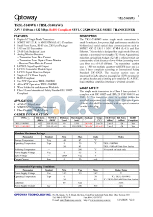 TRSL-5140AWG datasheet - 3.3V / 1310 nm / 622 Mbps RoHS Compliant SFF LC 2X10 SINGLE-MODE TRANSCEIVER