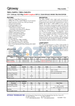TRSL-5140WG datasheet - 3.3V / 1310 nm / 622 Mbps RoHS Compliant SFF LC 2X10 SINGLE-MODE TRANSCEIVER