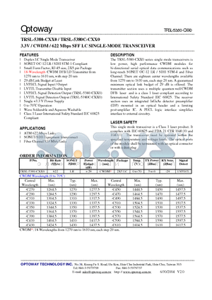 TRSL-5380-CXX0 datasheet - 3.3V / CWDM / 622 Mbps SFF LC SINGLE-MODE TRANSCEIVER