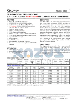 TRSL-5380-CXX0G datasheet - 3.3V / CWDM / 622 Mbps RoHS Compliant SFF LC SINGLE-MODE TRANSCEIVER