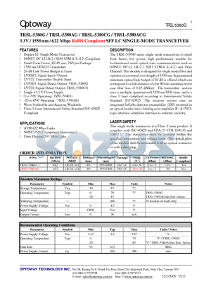 TRSL-5380AG datasheet - 3.3V / 1550 nm / 622 Mbps RoHS Compliant SFF LC SINGLE-MODE TRANSCEIVER