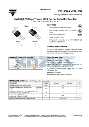 V20100R datasheet - Dual High-Voltage Trench MOS Barrier Schottky Rectifier Ultra Low VF = 0.54 V at IF = 5 A
