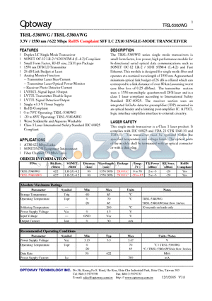 TRSL-5380AWG datasheet - 3.3V / 1550 nm / 622 Mbps RoHS Complaint SFF LC 2X10 SINGLE-MODE TRANSCEIVER