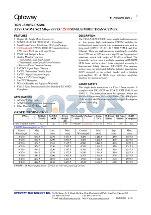 TRSL-5380W-CXX0G datasheet - 3.3V / CWDM / 622 Mbps SFF LC 2X10 SINGLE-MODE TRANSCEIVER