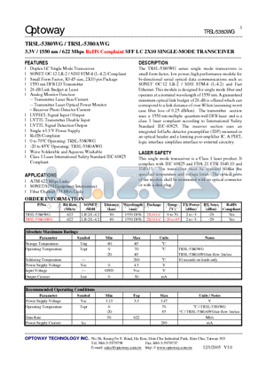 TRSL-5380WG datasheet - 3.3V / 1550 nm / 622 Mbps RoHS Complaint SFF LC 2X10 SINGLE-MODE TRANSCEIVER