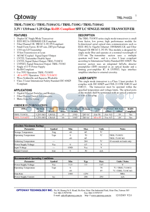 TRSL-7110ACG datasheet - 3.3V / 1310 nm / 1.25 Gbps RoHS Compliant SFF LC SINGLE-MODE TRANSCEIVER