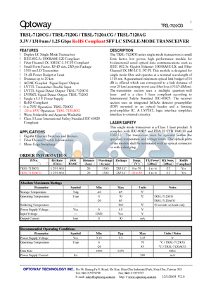 TRSL-7120CG datasheet - 3.3V / 1310 nm / 1.25 Gbps RoHS Compliant SFF LC SINGLE-MODE TRANSCEIVER