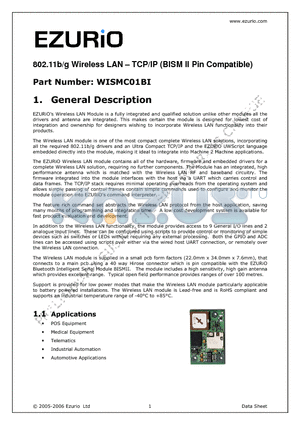 WISMC01BI datasheet - 802.11b/g Wireless LAN - TCP/IP (BISM II Pin Compatible)