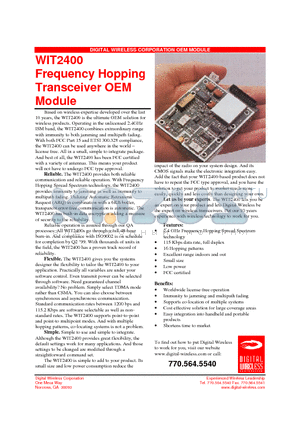 WIT2400 datasheet - Frequency Hopping Transceiver OEM Module