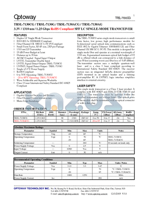 TRSL-7130ACG datasheet - 3.3V / 1310 nm / 1.25 Gbps RoHS Compliant SFF LC SINGLE-MODE TRANSCEIVER