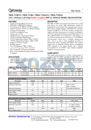 TRSL-7130ACG datasheet - 3.3V / 1310 nm / 1.25 Gbps RoHS Compliant SFF LC SINGLE-MODE TRANSCEIVER