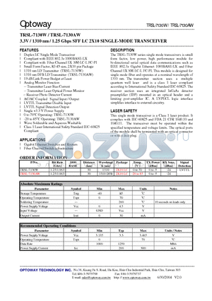 TRSL-7130W datasheet - 3.3V / 1310 nm / 1.25 Gbps SFF LC 2X10 SINGLE-MODE TRANSCEIVER