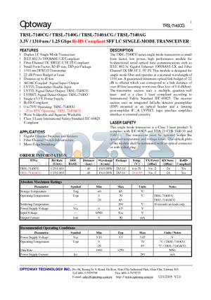 TRSL-7140CG datasheet - 3.3V / 1310 nm / 1.25 Gbps RoHS Compliant SFF LC SINGLE-MODE TRANSCEIVER