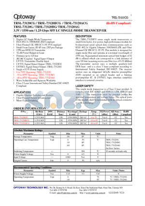 TRSL-73120BCG datasheet - 3.3V / 1550 nm / 1.25 Gbps SFF LC SINGLE-MODE TRANSCEIVER