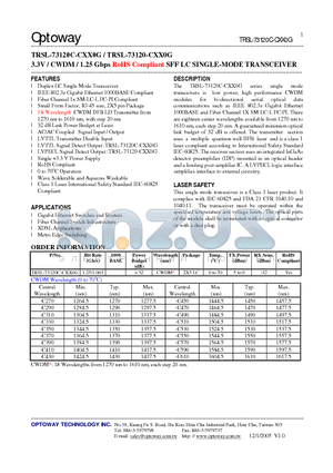 TRSL-73120C-CXX0G datasheet - 3.3V / CWDM / 1.25 Gbps RoHS Compliant SFF LC SINGLE-MODE TRANSCEIVER
