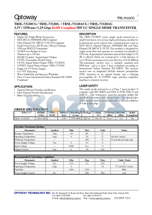 TRSL-73120CG datasheet - 3.3V / 1550 nm / 1.25 Gbps RoHS Compliant SFF LC SINGLE-MODE TRANSCEIVER