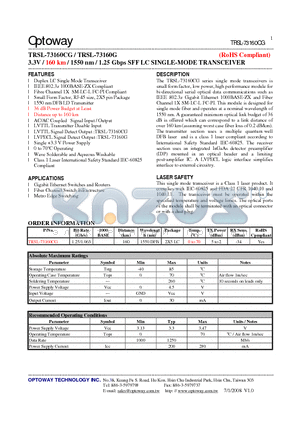 TRSL-73160G datasheet - 3.3V / 160 km / 1550 nm / 1.25 Gbps SFF LC SINGLE-MODE TRANSCEIVER