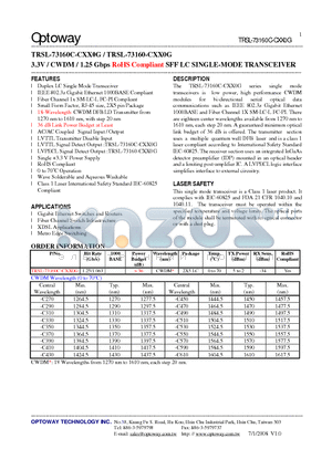 TRSL-73160C-CXX0G datasheet - 3.3V / CWDM / 1.25 Gbps RoHS Compliant SFF LC SINGLE-MODE TRANSCEIVER