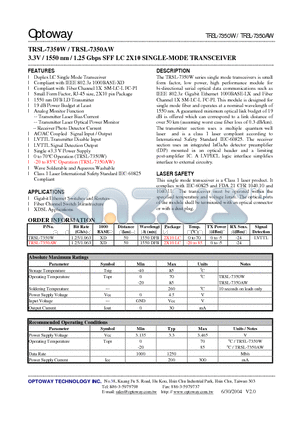 TRSL-7350AW datasheet - 3.3V / 1550 nm / 1.25 Gbps SFF LC 2X10 SINGLE-MODE TRANSCEIVER