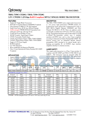 TRSL-7350C-CXX0G datasheet - 3.3V / CWDM / 1.25 Gbps RoHS Compliant SFF LC SINGLE-MODE TRANSCEIVER