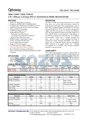 TRSL-7350W datasheet - 3.3V / 1550 nm / 1.25 Gbps SFF LC 2X10 SINGLE-MODE TRANSCEIVER