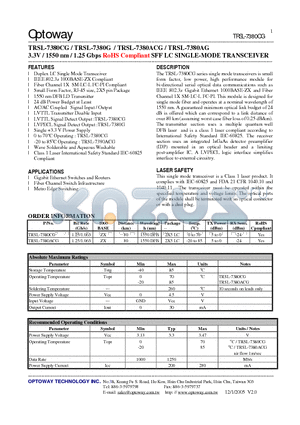 TRSL-7380CG datasheet - 3.3V / 1550 nm / 1.25 Gbps RoHS Compliant SFF LC SINGLE-MODE TRANSCEIVER