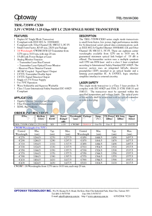 TRSL-7350W-CXX0 datasheet - 3.3V / CWDM / 1.25 Gbps SFF LC 2X10 SINGLE-MODE TRANSCEIVER