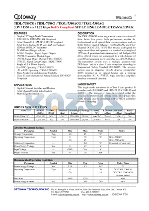 TRSL-7380ACG datasheet - 3.3V / 1550 nm / 1.25 Gbps RoHS Compliant SFF LC SINGLE-MODE TRANSCEIVER