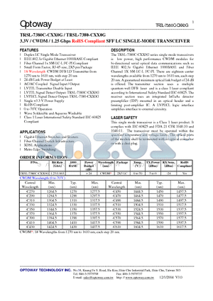 TRSL-7380C-CXX0G datasheet - 3.3V / CWDM / 1.25 Gbps RoHS Compliant SFF LC SINGLE-MODE TRANSCEIVER