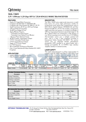 TRSL-7380W datasheet - 3.3V / 1550 nm / 1.25 Gbps SFF LC 2X10 SINGLE-MODE TRANSCEIVER