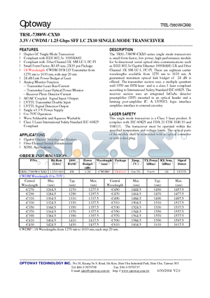 TRSL-7380W-CXX0 datasheet - 3.3V / CWDM / 1.25 Gbps SFF LC 2X10 SINGLE-MODE TRANSCEIVER