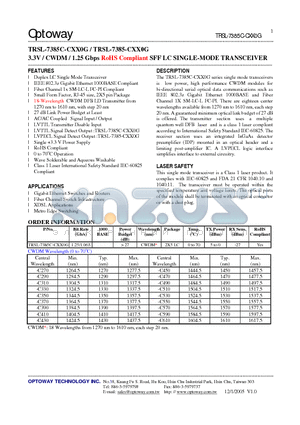 TRSL-7385C-CXX0G datasheet - 3.3V / CWDM / 1.25 Gbps RoHS Compliant SFF LC SINGLE-MODE TRANSCEIVER