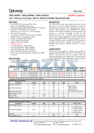 TRSL-8105BG datasheet - 3.3V / 1310 nm / 4.25 Gbps SFF LC SINGLE-MODE TRANSCEIVER