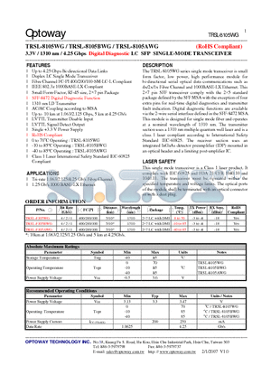 TRSL-8105WG datasheet - 3.3V / 1310 nm / 4.25 Gbps Digital Diagnostic LC SFP SINGLE-MODE TRANSCEIVER