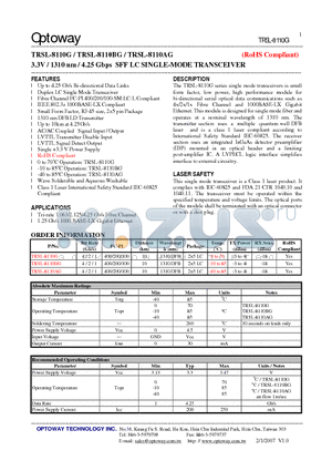 TRSL-8110AG datasheet - 3.3V / 1310 nm / 4.25 Gbps SFF LC SINGLE-MODE TRANSCEIVER