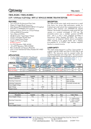 TRSL-8120BG datasheet - 3.3V / 1310 nm / 4.25 Gbps SFF LC SINGLE-MODE TRANSCEIVER