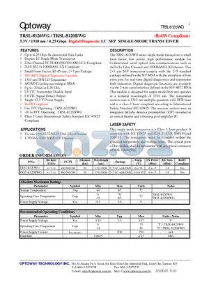 TRSL-8120WG datasheet - 3.3V / 1310 nm / 4.25 Gbps Digital Diagnostic LC SFP SINGLE-MODE TRANSCEIVER