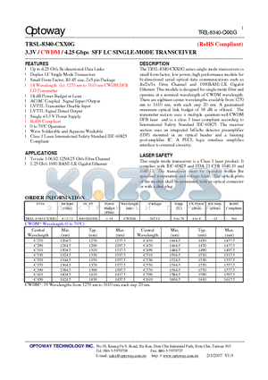 TRSL-8340-CXX0G datasheet - 3.3V / CWDM / 4.25 Gbps SFF LC SINGLE-MODE TRANSCEIVER